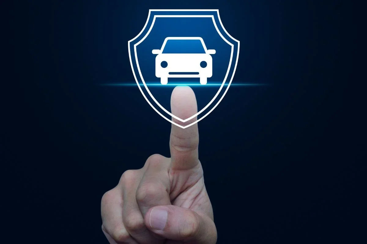 Finger clicking on a digital icon representing car security