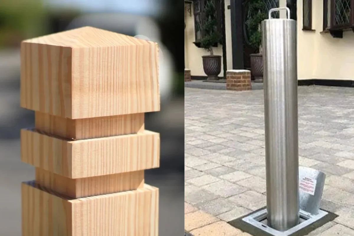 Split image of a wooden and metal bollard
