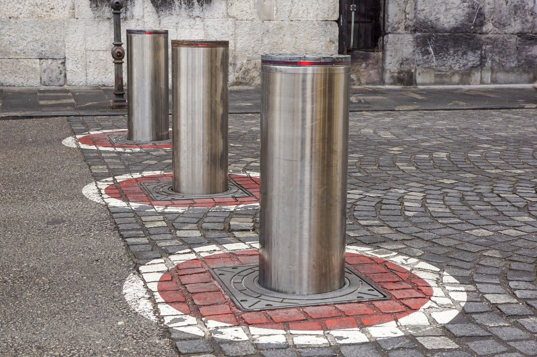 A row of hydraulic bollards
