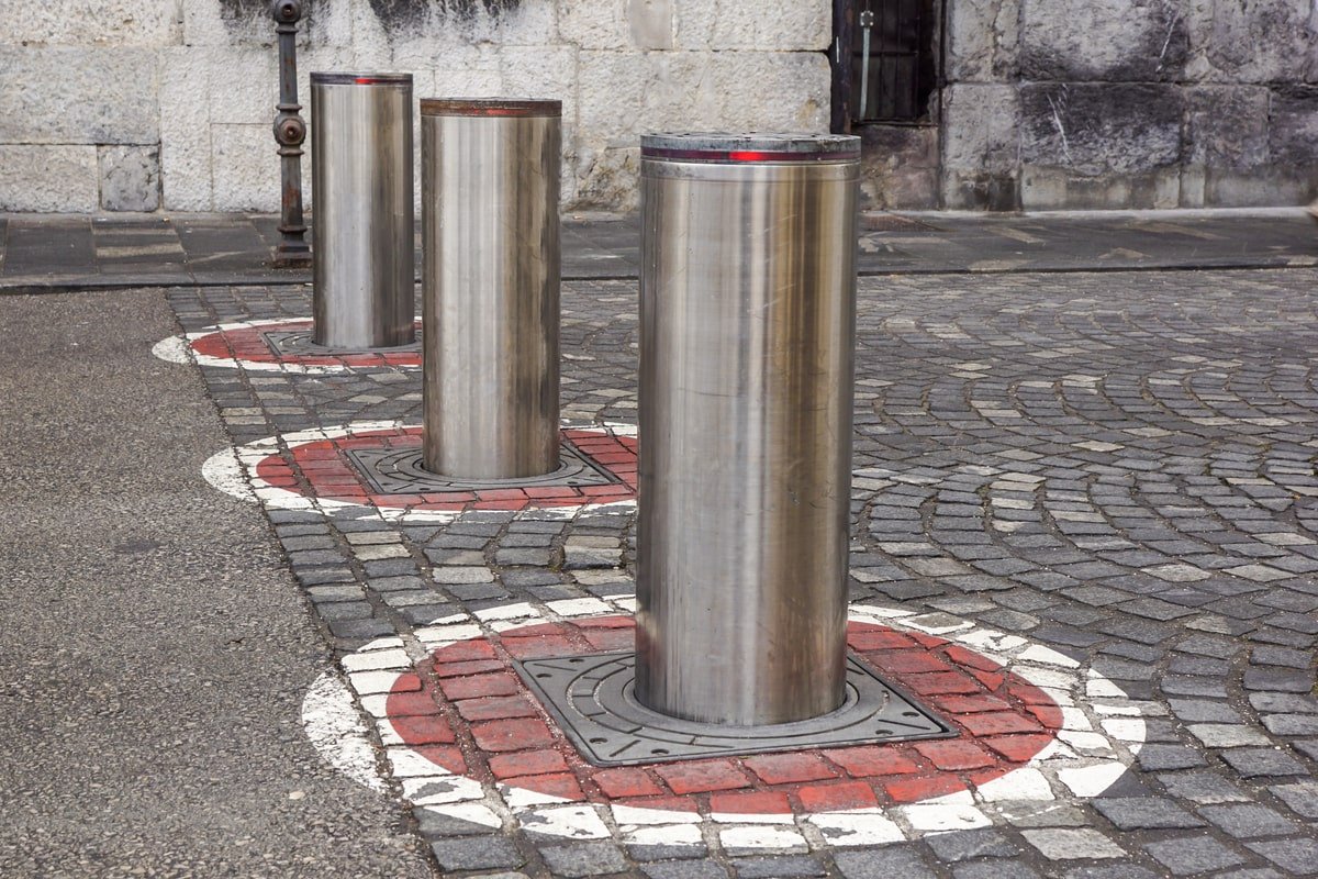 A row of hydraulic bollards