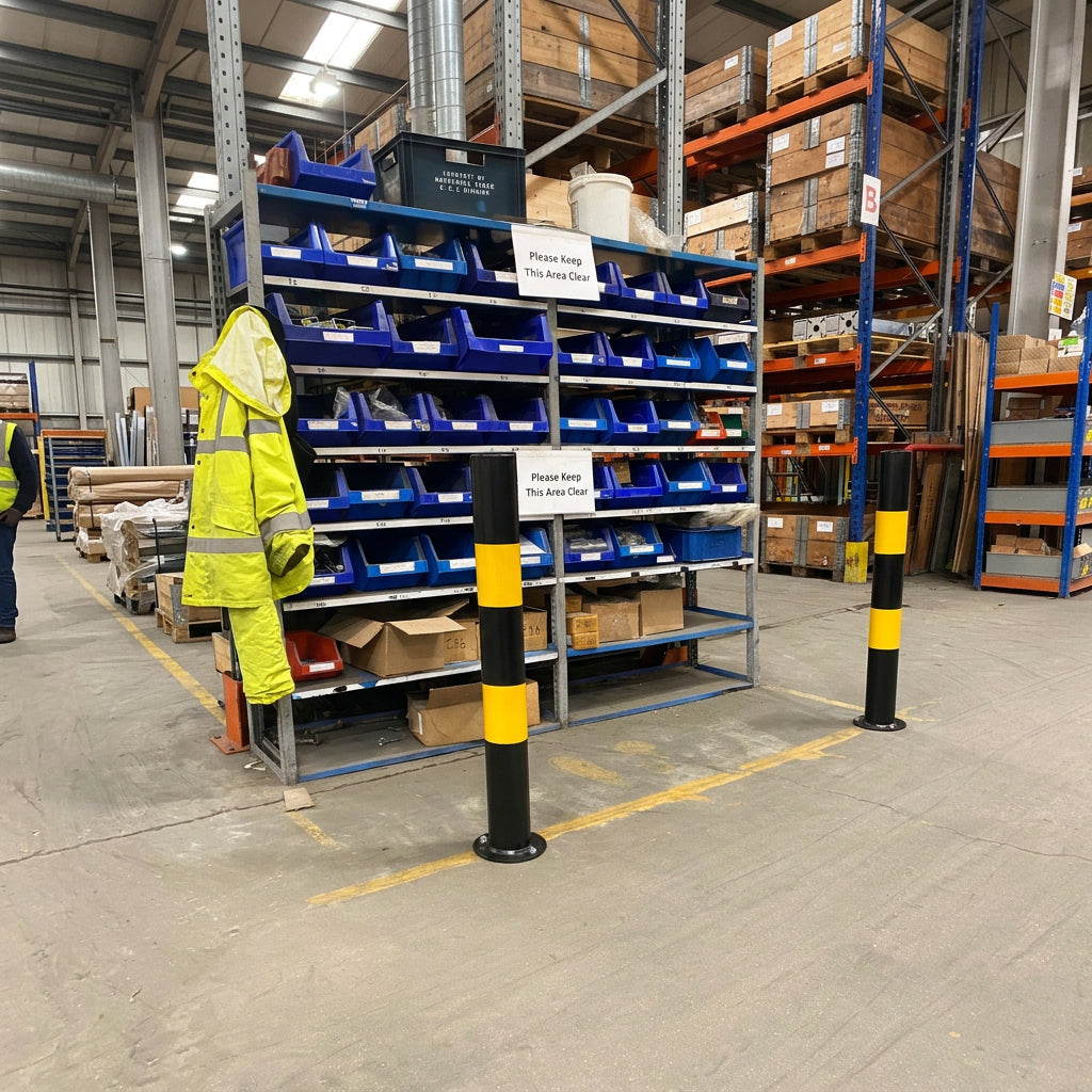 Two bolt down bollards in a warehouse setting