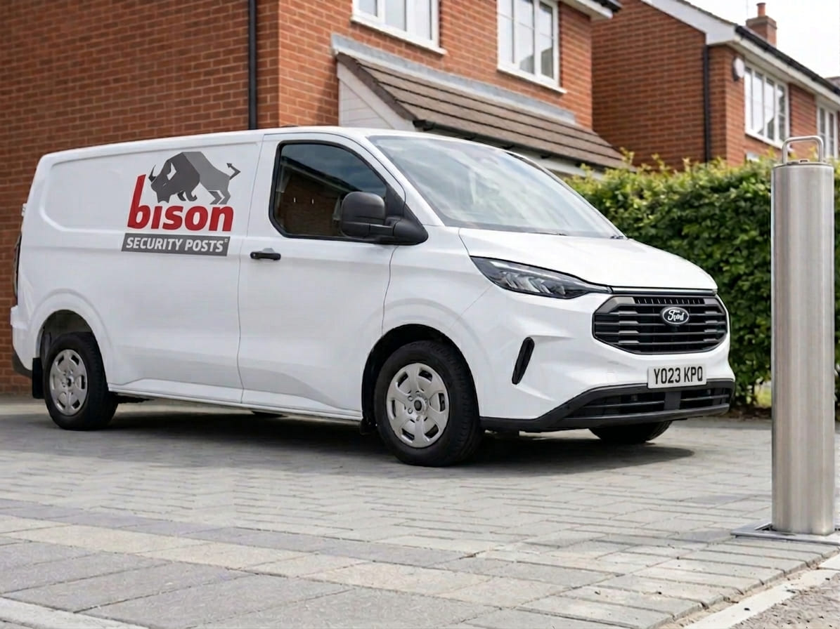 Bison van parked in a driveway with a steel telescopic bollard