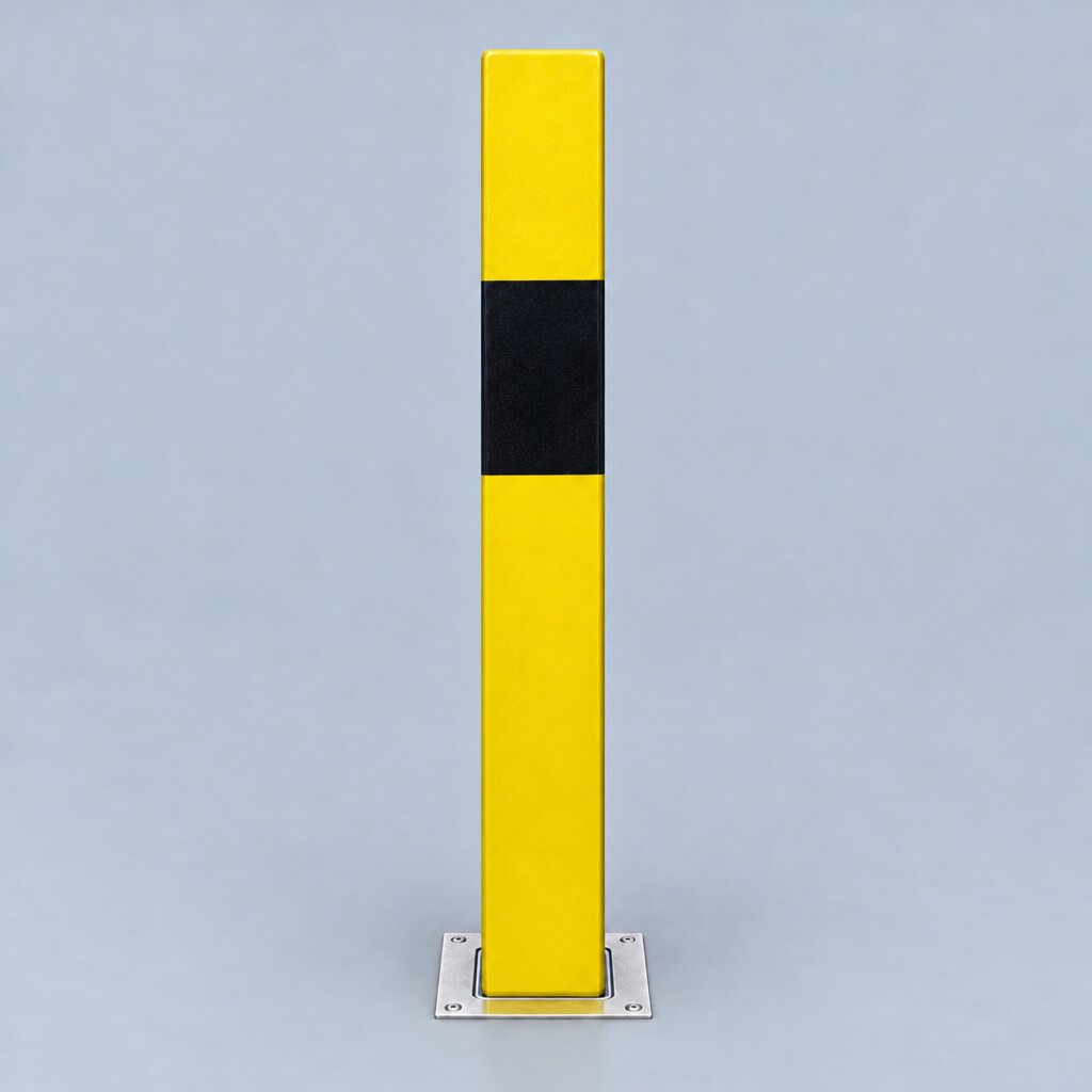 A tall rectangular yellow bollard with a wide black horizontal band across the middle and a silver metal base, shown on a plain light gray studio background.