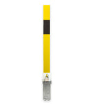 A tall, narrow yellow safety flag with a black horizontal stripe near the top and a silver metal tip at the bottom, shown on a plain white background.